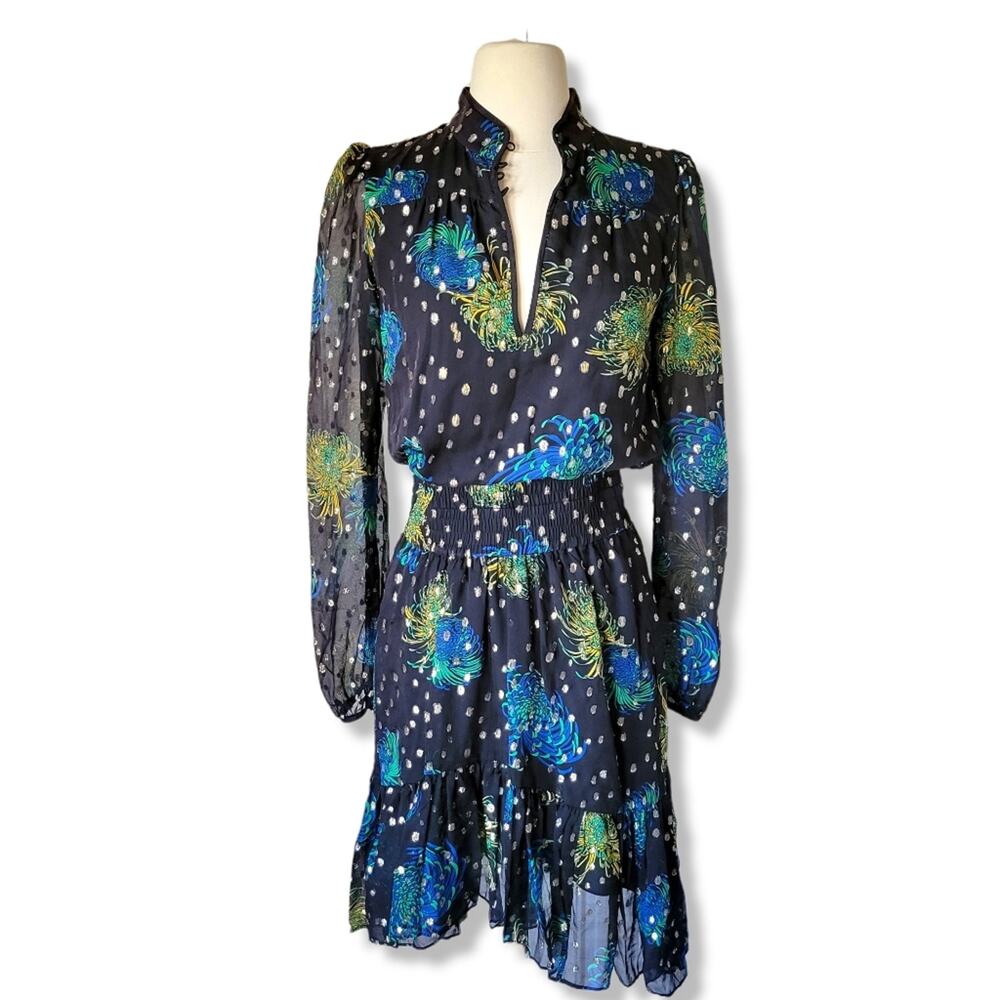 A.L.C. Reese Printed High Neck Floral Silk Georgette Metallic Dress Size 2 NWT